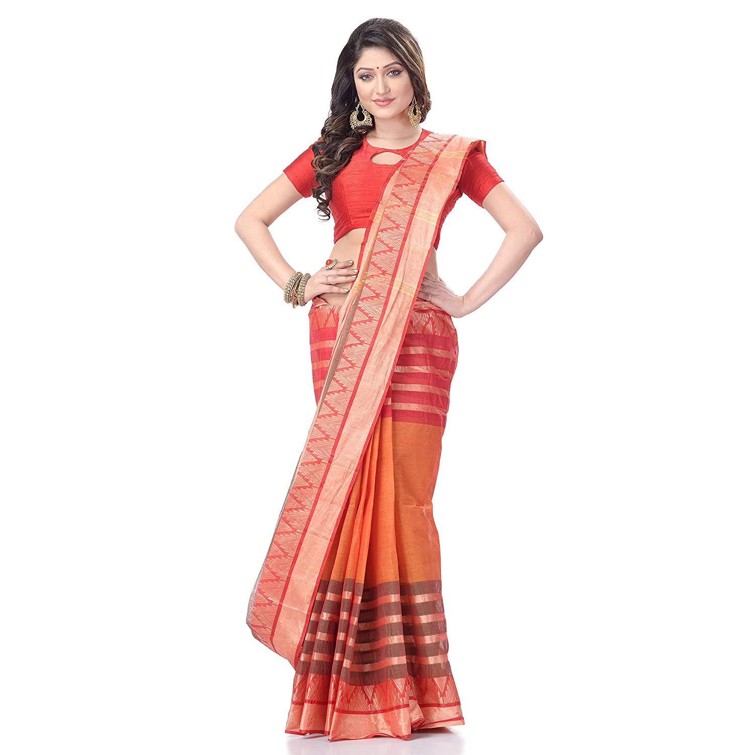 dB DESH BIDESH Women`s Traditional Bengal Tant 3D Temple Design Handloom Pure Cotton Saree Without Blouse Piece Orange Red